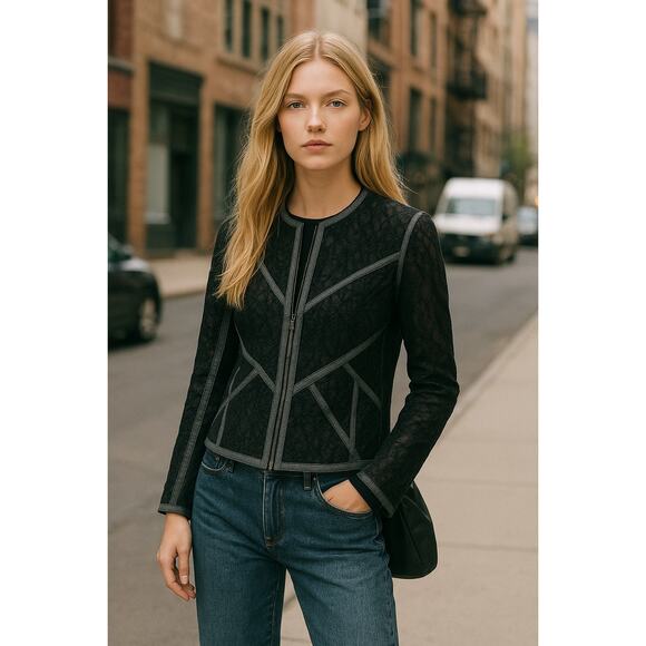 Beate Heymann Street Couture Black Sheer Mesh Jacket w/ Gray Trim Women’s Size 8 - Picture 1 of 9